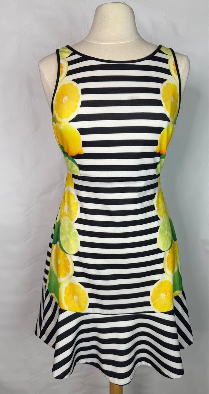 Elle Summer Dress White & Black  Striped With Lemon Print